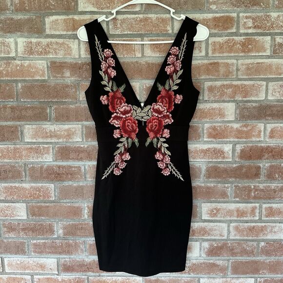 Fashion Nova Deep Plunge V Neck Embroidered Mini Dress Small Black - Picture 1 of 9